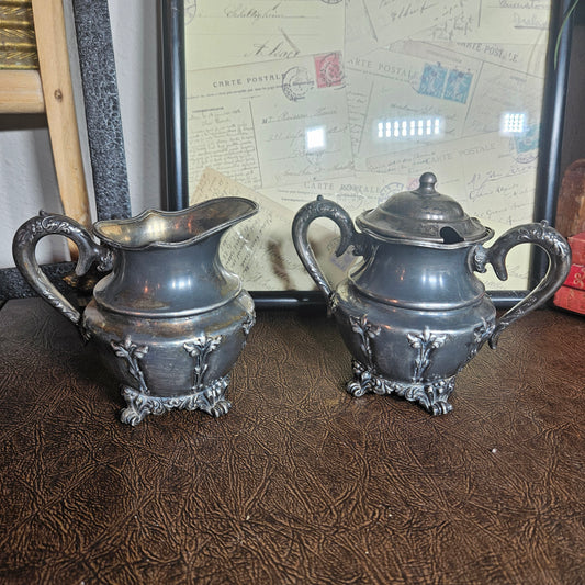 Vintage silverplate creamer and sugar bowl ornate set front view