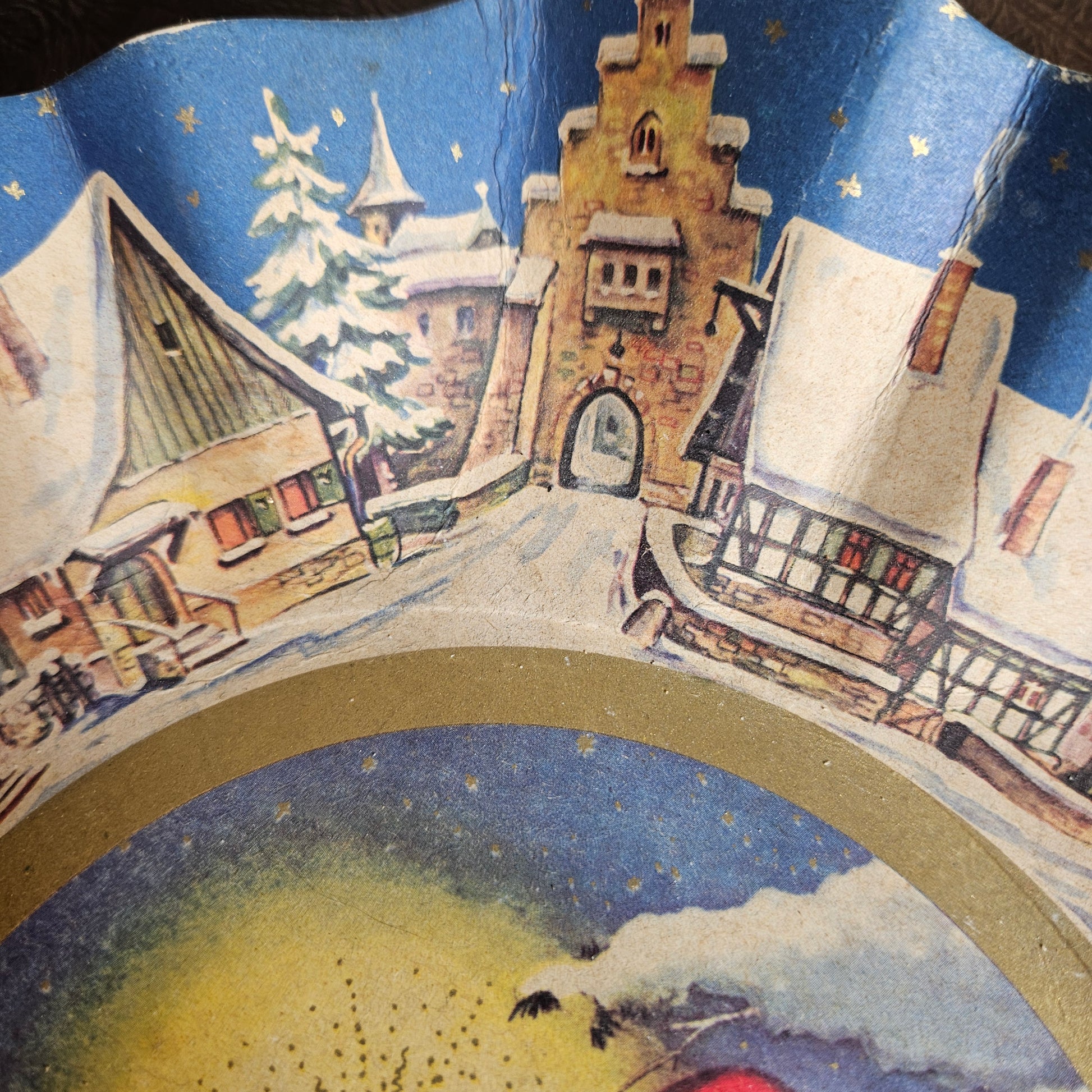 Storybook-style holiday tray used for vintage Christmas decor