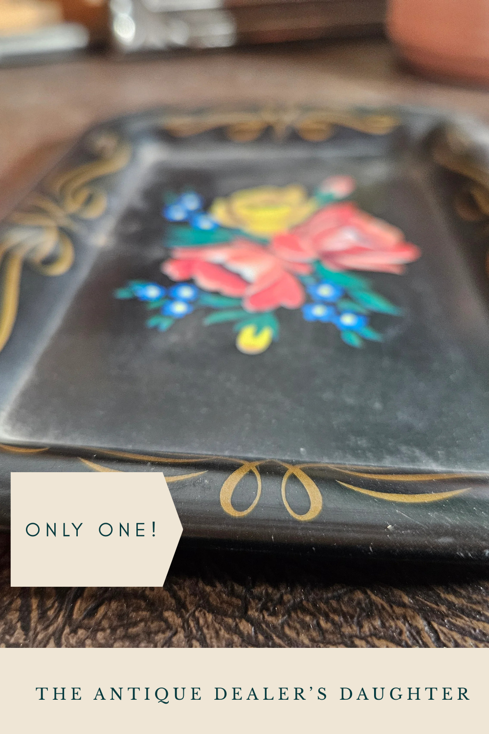 Black Floral Tole Style Metal Tray