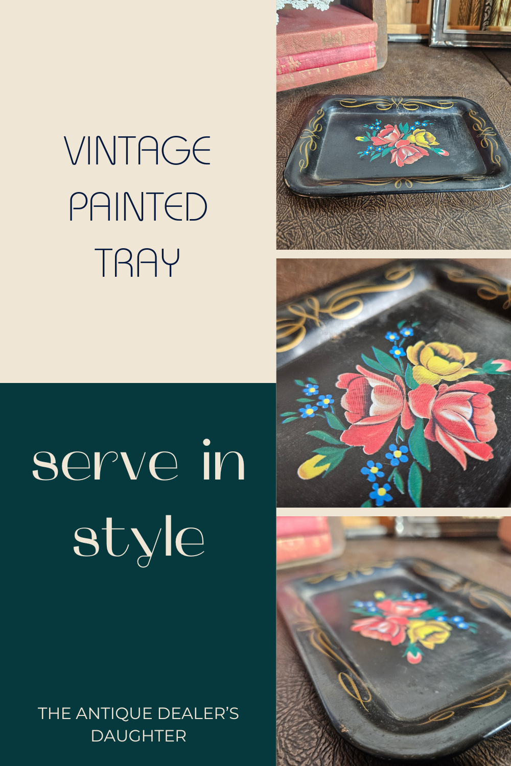 Black Floral Tole Style Metal Tray