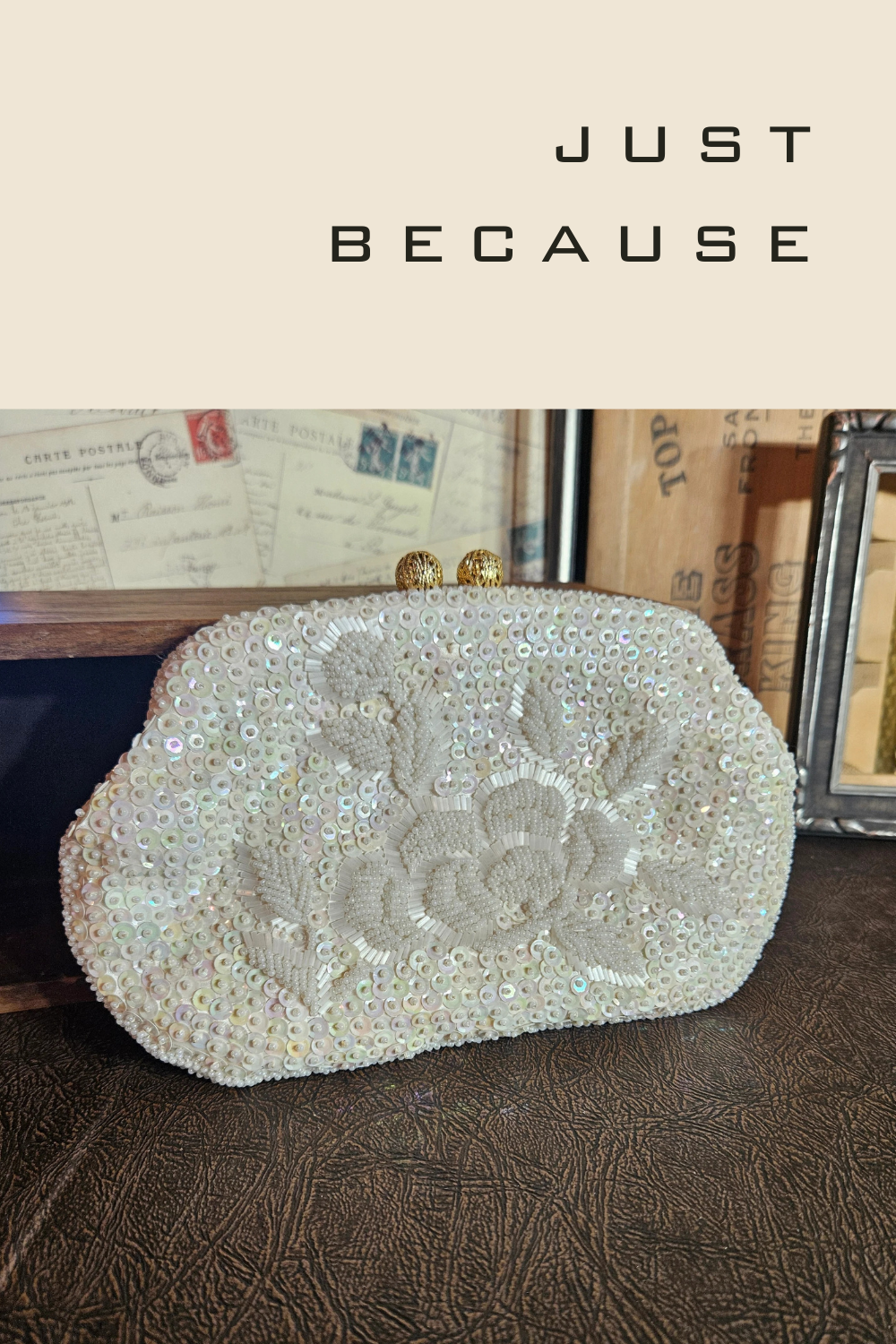 Vintage Beaded Evening Clutch Floral White Purse
