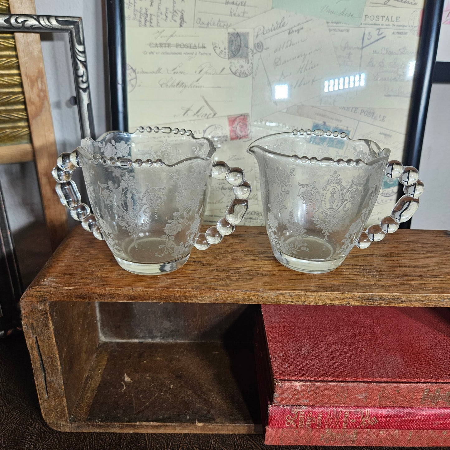 Tiffin Glass Company etched glass creamer and sugar set with decorative handles. "Cherokee Rose" pattern