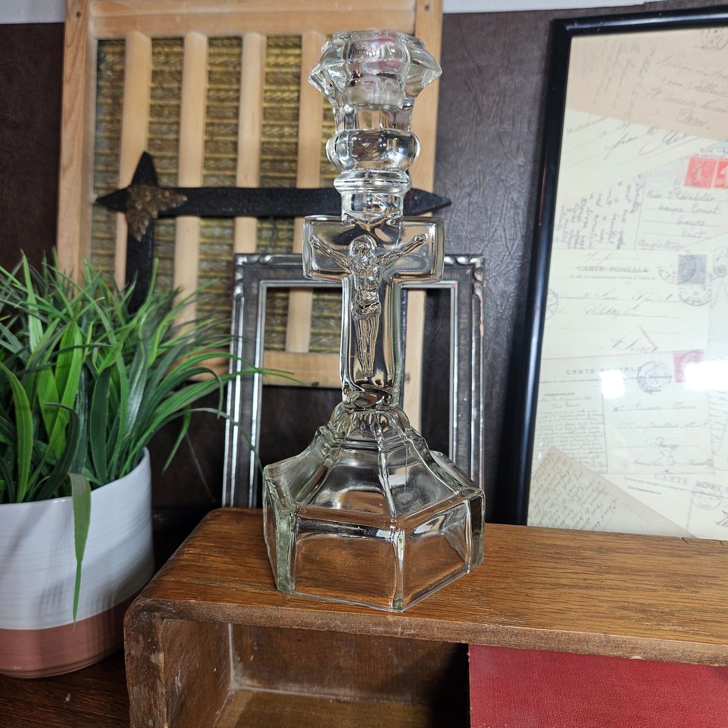 vintage glass crucifix candle holder clear