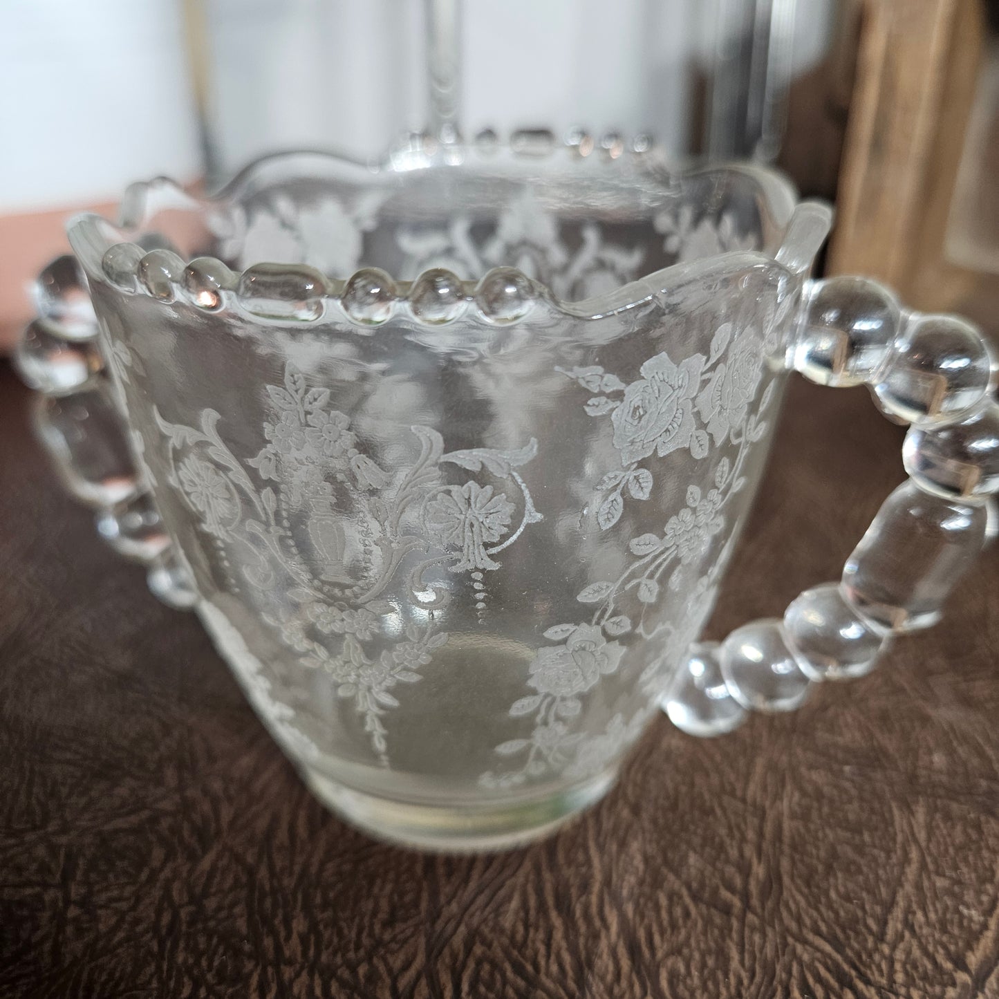 Vintage glass sugar bowl with floral etched pattern