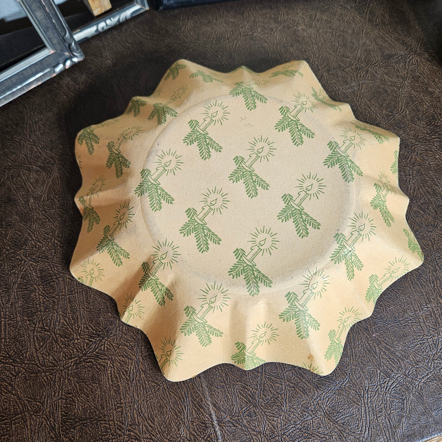 Vintage holiday display tray for Christmas shelf or table styling bottom details
