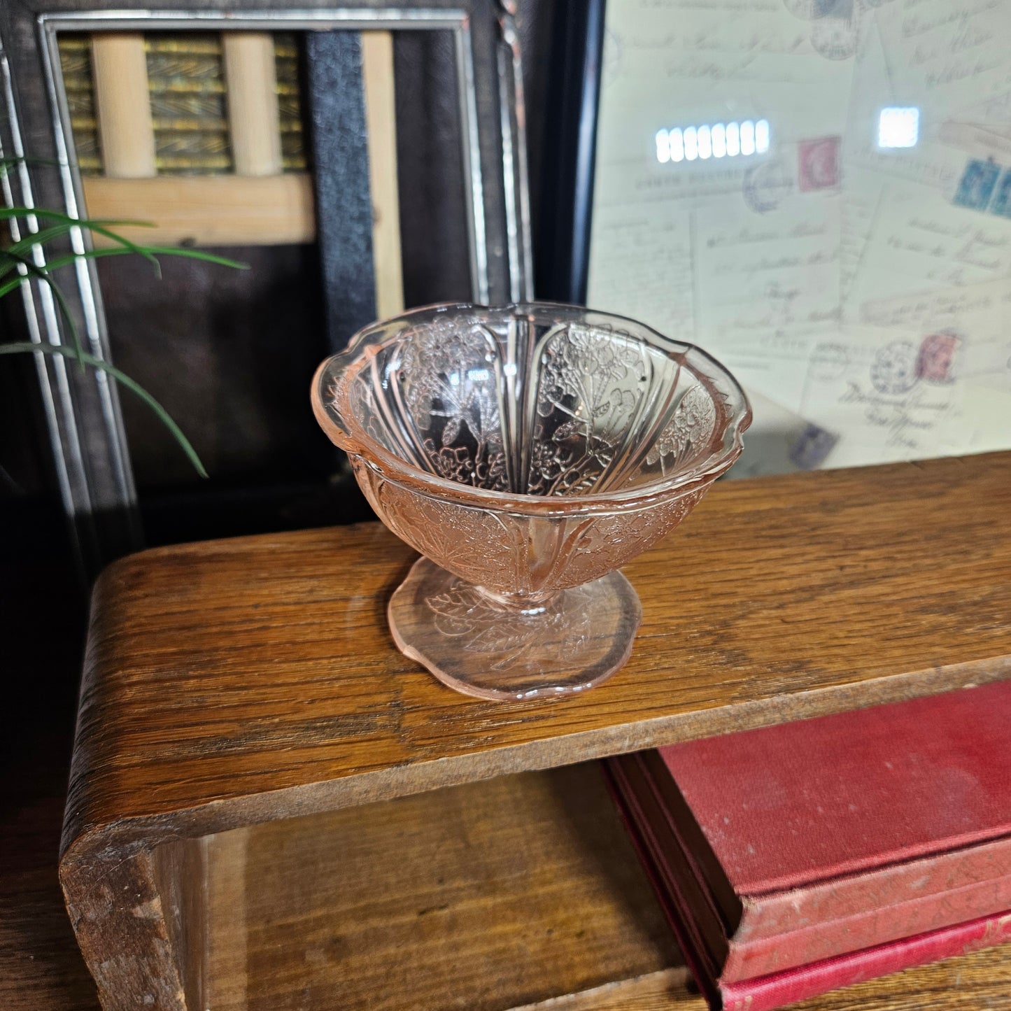 pink depression glass pedestal bowl vintage